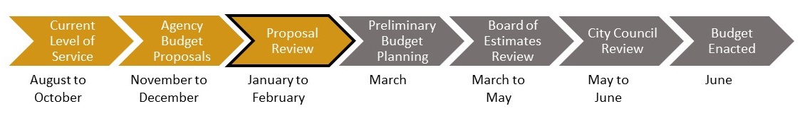 Line of arrows for the different phases of the budget process. Currently, the City is in the agency budget proposal review phase.